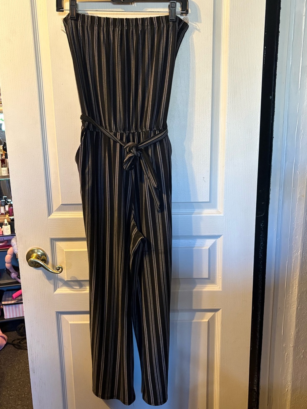 Derek Heart Black Strapless Striped Jumpsuit with Belt